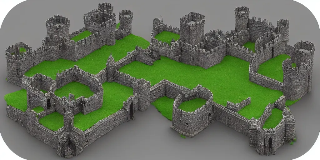 Prompt: medieval castle in a jungle with towers and moat, 3 d, isometric, poly detail