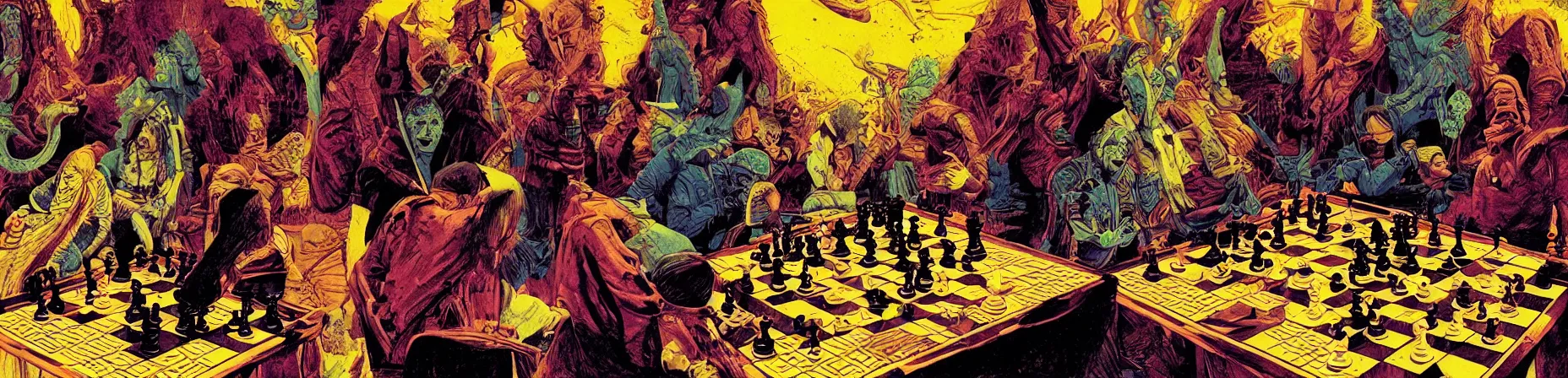 Prompt: chess tournament, psychedelic grainshading print, moebius, richard corben, wayne barlowe, galactic light colors