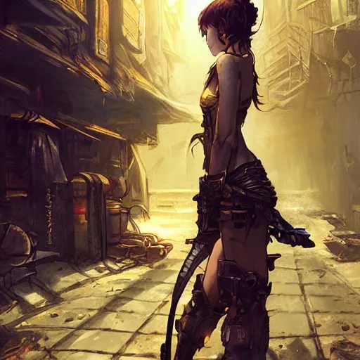 Prompt: Beautiful science fiction warrior princess, set in post apocalyptic Tokyo alleyway, glorious sunlight and shadows, D&D, fantasy, highly detailed, digital painting, artstation, concept art, sharp focus, illustration, in style of Frank Frazetta and Luis Royo and WLOP and Greg Rutkowski