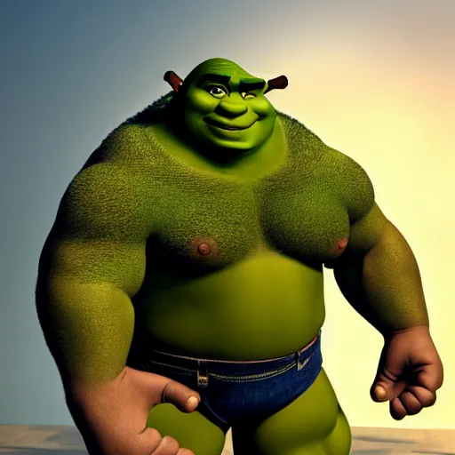 Image similar to muscular shrek with short brown curly hair with bangs and a chiseled jawline as he pridefully flexes his muscles intensely, realistic hyperrealistic 4 k resolution 8 k resolution highly detailed very detailed extremely detailed hd quality detailed face very detailed face extremely detailed face trending on artstation