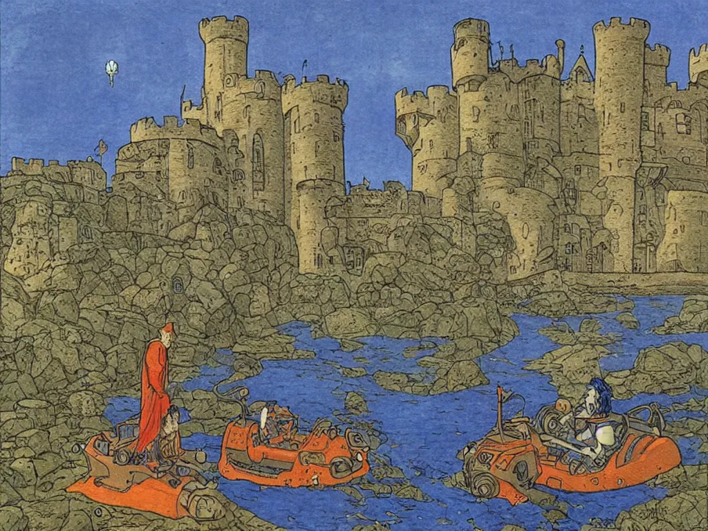 Image similar to cyberpunk king man with hovercraft at a castle in autumn. painting by limbourg brothers, moebius