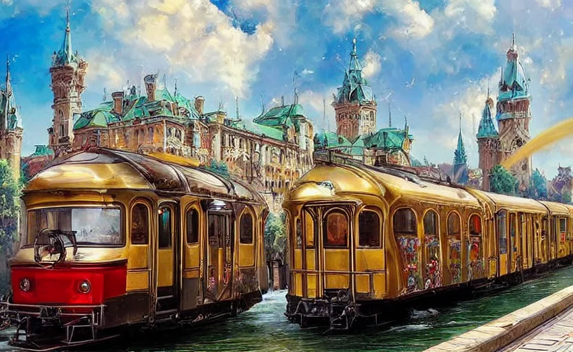 Image similar to Beautiful alchemy urban train that rides inside of a waterway on a fantasy city, next to a fountain and a mystical palace. By Konstantin Razumov, highly detailded