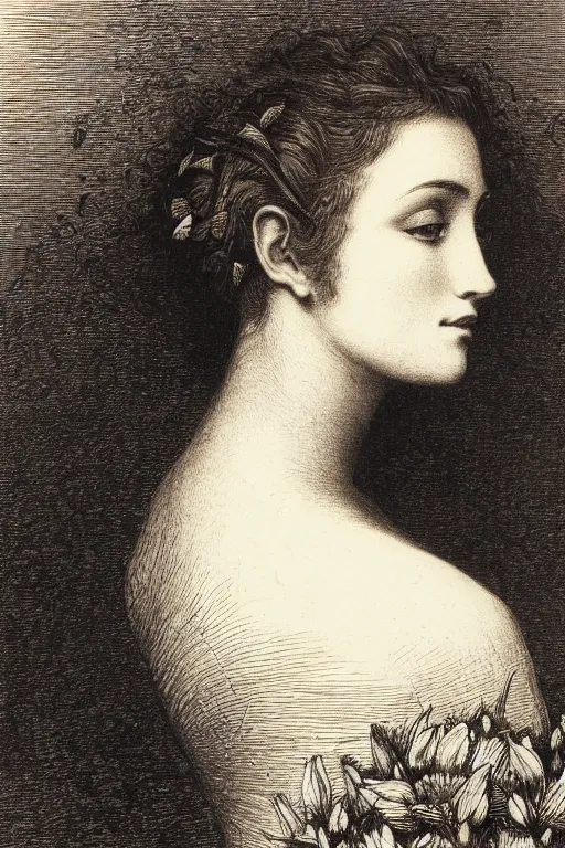 Prompt: extreme close-up, portrait of a beautiful french woman from behind with a single flower in head, Gustave Dore lithography