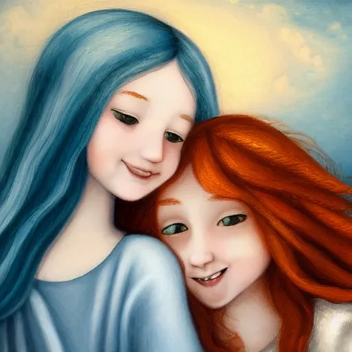 Prompt: a young blue haired girl hugging a young ginger haired girl and smiling, beautiful, innocent, angelic, happy, warm, soft lighting, in the clouds, renaissance, beautiful, cherubic, oil painting