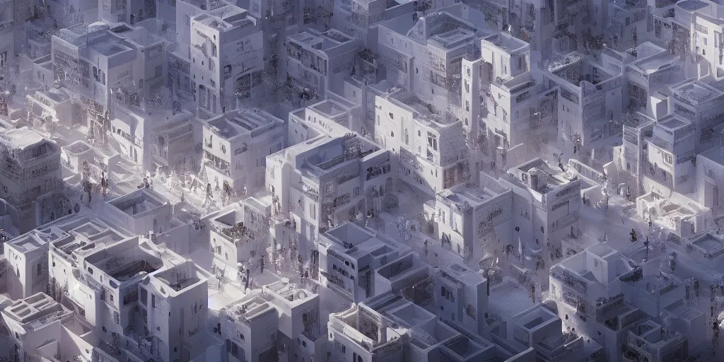 Prompt: Moroccan city, white buildings, by Leon Tukker, Makoto Kobayashi, synthetic light, people on the streets, utopia, perfect, futuristic, 8k high detail, masterpiece, trending on ArtStation