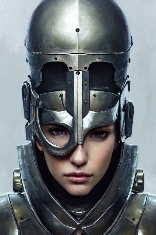 Image similar to a photorealistic painting of an attractive young girl, partially clothed in metal-plated battle armor, olive skin, long dark hair, beautiful bone structure, symmetrical face, perfect eyes, intricate, elegant, digital painting, concept art, illustration, sharp focus, minimal artifacts, from Metal Gear, in the style of Ruan Jia and Mandy Jurgens, by Greg Rutkowski, trending on Artstation, award winning