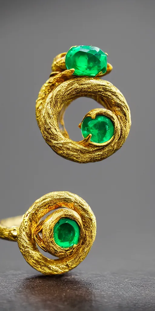 Image similar to a golden ring which is shaped in the form of an ouroboros with emerald jewels as eyes, Nikon D810, ƒ/5.6, focal length: 60.0 mm, ISO: 200