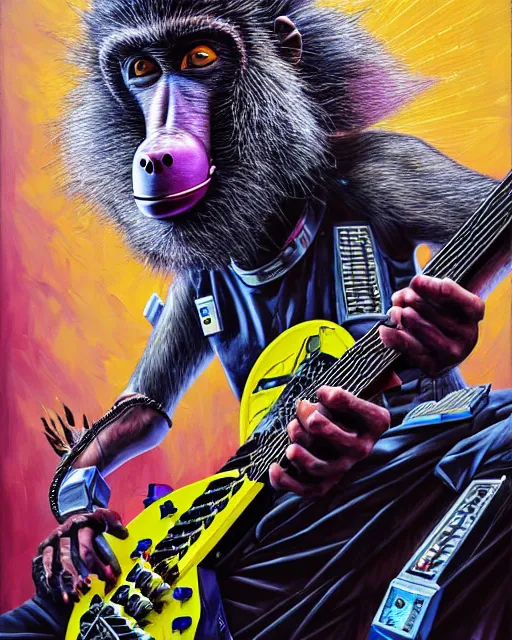 Image similar to a portrait of an anthropomorphic cyberpunk baboon shredding an electric guitar by sandra chevrier, by jon foster, detailed render, tape deck, epic composition, cybernetics, 4 k realistic, cryengine, realistic shaded lighting, sharp focus, masterpiece, by enki bilal