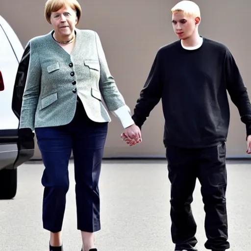 Prompt: Angela Merkel holding hands with Eminem, paparazzi