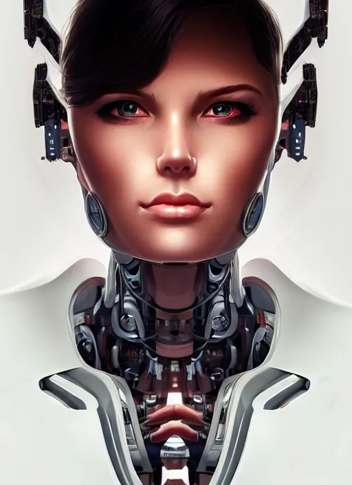 Prompt: portrait of a cyborg woman who turns her head to the ((((((right))))) left+130 (((((up))))) (((((down))))) by Artgerm,eyes closed , biomechanical, hyper detailled, trending on artstation