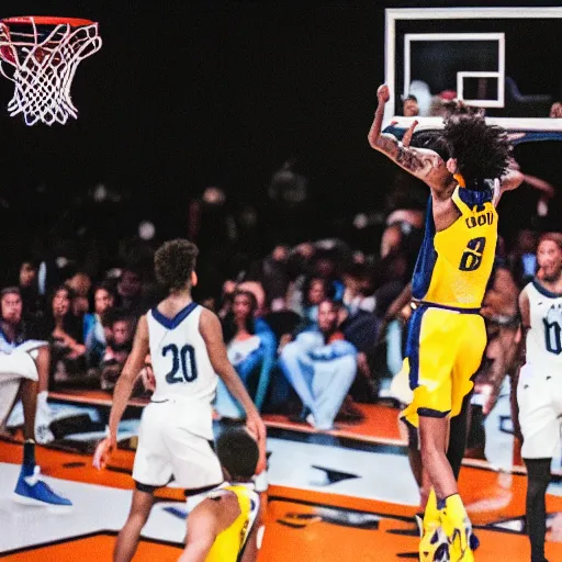 Image similar to ja morant doing a slam dunk cinematic shot 35mm