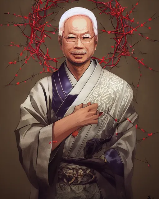 Prompt: an anime portrait of najib razak as a beautiful man wearing a kimono and a crown of thorns from skyrim, by stanley artgerm lau, wlop, rossdraws, james jean, andrei riabovitchev, marc simonetti, and sakimichan, trending on artstation