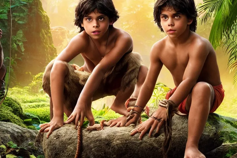 Image similar to young jake t. austin plays mowgli in the live action adaptation of the jungle book, 3 5 mm photography, highly detailed, cinematic lighting, 4 k