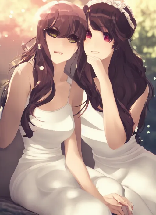 Image similar to two beautiful mothers sitting on a hot summer evening, white dress, gorgeous faces, thick lines, cinematic lighting, detailed anime art,