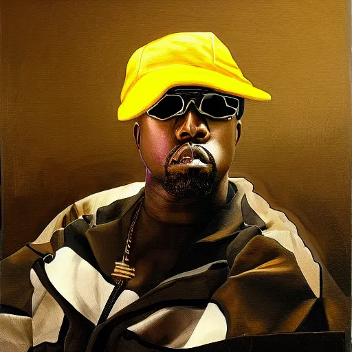 Prompt: hyped kanye west wearing white aviator sunglasses with horizontal bars in place of traditional lenses in a bumblebee costume drinks coffee in front of a futuristic neo solar punk minimal intricate technology aesthetically pleasing hovering laptop, highly detailed, masterpiece, neo classical art, rembrandt lighting, oil on canvas