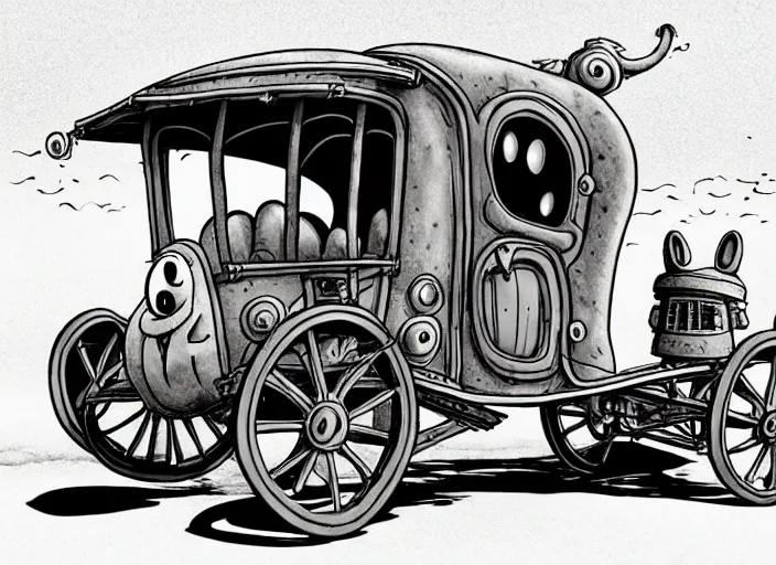 Prompt: a cell shaded cartoon of a lovecraftian snail stage coach from howl's moving castle ( 2 0 0 4 ), on a desert road, in front of a pale full moon, full body, wide shot, very dull muted colors, studio ghibli, highly detailed, deviantart, art by artgem