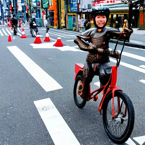 Image similar to a dragon riding a bike in the streets of tokyo