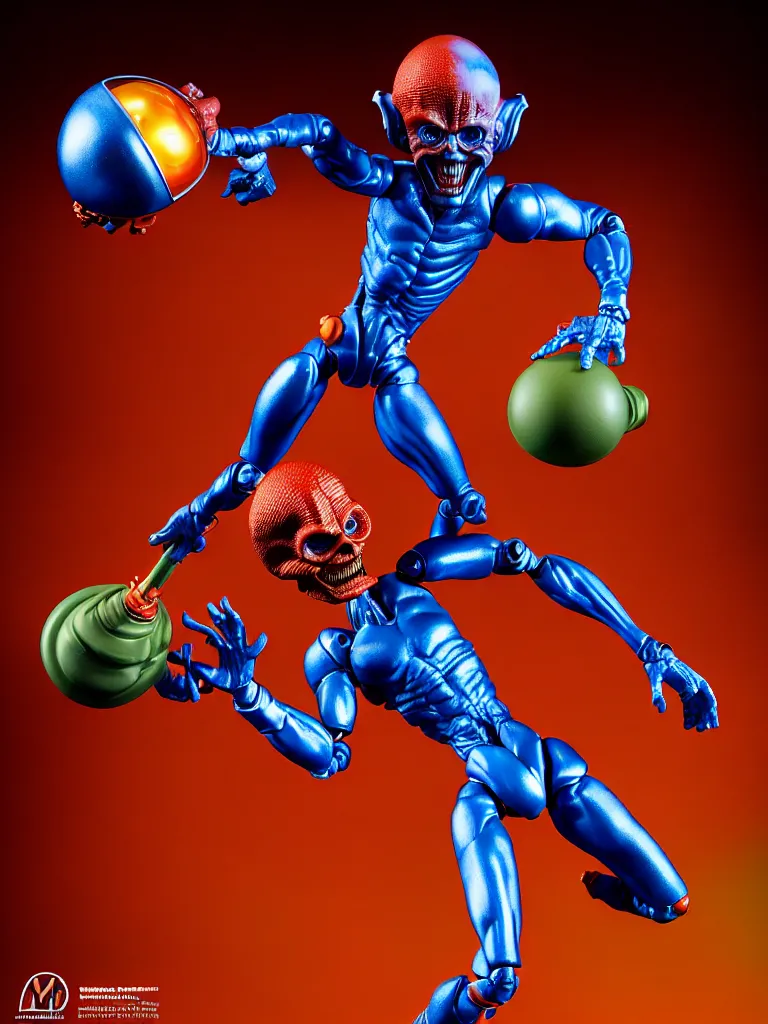 Image similar to hyperrealistic rendering, shiny mars attacks martian by art of skinner and richard corben and jeff easley, product photography, action figure, sofubi, studio lighting, colored gels, rimlight, backlight