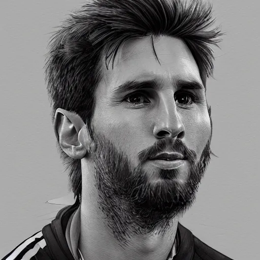 Image similar to a well designed portrait of Messi , detailed, realistic, sketch style, Greg Rutkowski, 8K resolution.