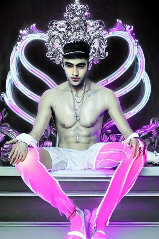 Image similar to full-body rococo and cyberpunk style neon statue of a muscular attractive Zayn Malik macho dotado e rico android sim roupa reclining con las piernas abertas e la piroca dura, glowing white lasers, glowing eyes, silver prince crown, black gears, pink diamonds, swirling mint-colored silk fabric. futuristic elements. ethereal white dripping tar. full-length view. human skulls. large pink balloon animals. intricate artwork by caravaggio. Trending on artstation, octane render, cinematic lighting from the right, hyper realism, octane render, 8k, depth of field, 3D