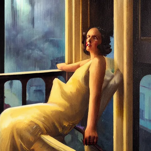 Prompt: oil painting of realistic woman, 1 9 3 0 s decopunk penthouse balcony, rain and smoke, dramatic lighting, tech noir, wet skin, atmospheric, ambient, rupert everton, wlop, george tooker, alexis flower, hopper, livia prima,