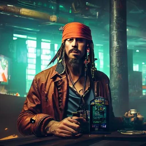 Image similar to a high quality portrait of a gritty pirate in a cyberpunk cyberpunk cyberpunk cafe, realism, 8k, award winning photo