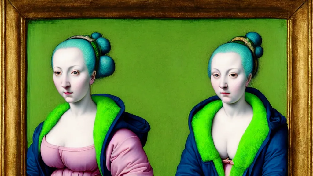 Prompt: portrait of a pale curvy woman with green blue hair buns, wearing a neon green puffer jacket, standing in a botanical garden, intricate details, high detail, in a high renaissance style, in the style of jacopo da pontormo, by mark ryden, punk, asian art,