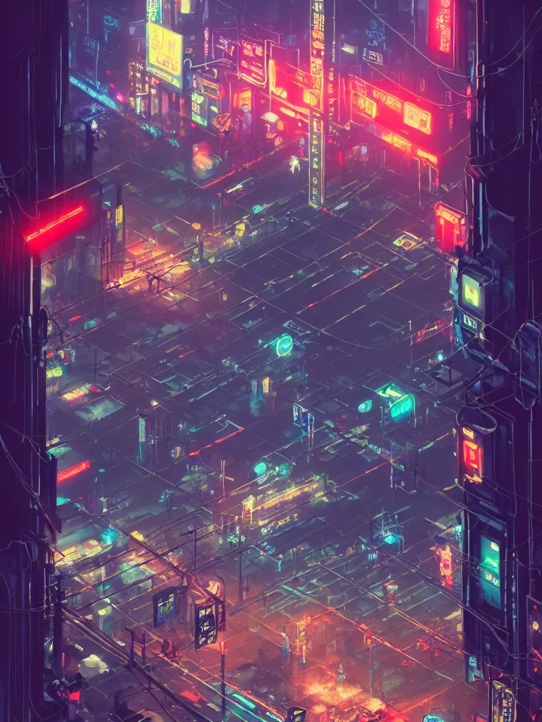 Prompt: isometric _ view _ of _ a _ cyberpunk _ neo - tokyo _ street _ with _ illuminated _ signs _ and _ wet _ pavement _ by _ andrei _ riabovitchev _ shaun _ tan _ peter _ mohrbacher _ a