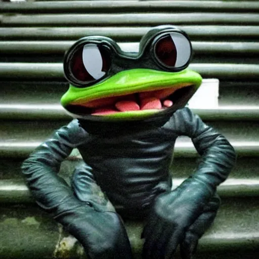 Prompt: Pepe the frog wearing black leather crawling out of a basement from a dark stair