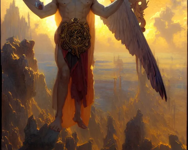 Image similar to attractive male deity, casting demonic magic, summoning handsome lucifer morning star. highly detailed painting by gaston bussiere, craig mullins, j. c. leyendecker 8 k