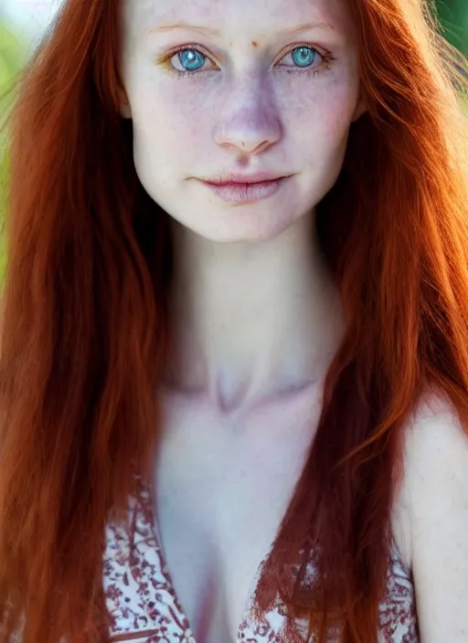 Prompt: close up portrait photograph of a thin young redhead woman with russian descent, sunbathed skin, with deep blue symmetrical!! eyes with round!! Black!! Pupils, and Wavy long maroon colored hair who looks directly at the camera, with a Slightly open mouth, face takes up half of the photo. a park visible in the background. 55mm nikon. Intricate. Very detailed 8k texture. Sharp. Cinematic post-processing. Award winning portrait photography. Sharp eyes.