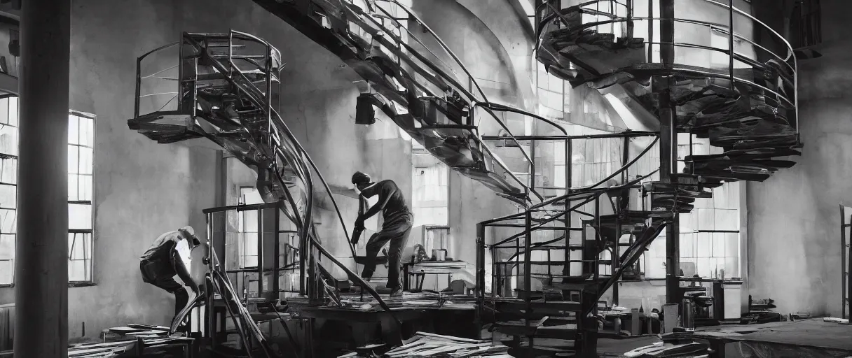 Prompt: frank ocean building a spiral staircase in the centre of the room, inside of a warehouse, greyscale,