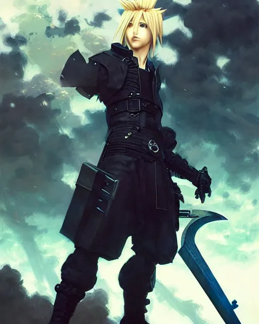 Image similar to cloud strife at starbucks, fantasy character portrait, ultra realistic, anime key visual, full body concept art, intricate details, highly detailed by greg rutkowski, ilya kuvshinov, gaston bussiere, craig mullins, simon bisley