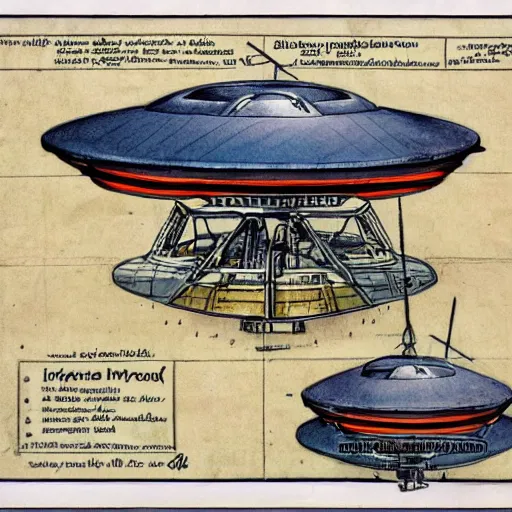 Image similar to vintage, detailed, colored sketch of ufo construction, all parts, with full descriptions, on parchment