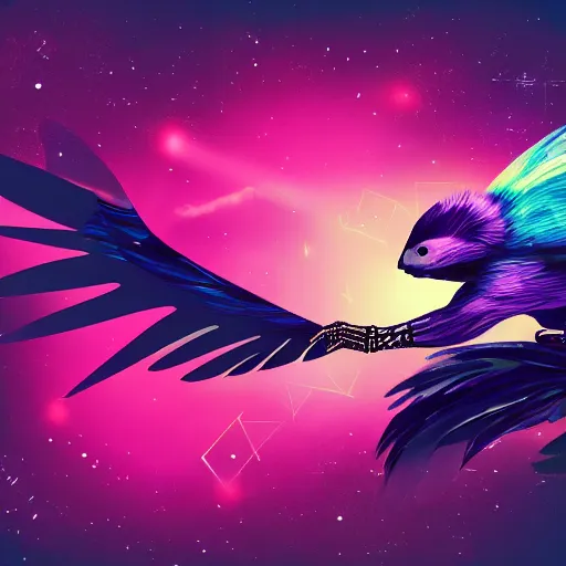 Image similar to skunk, feathers, bird, avian, wings, synthwave, universe background, nebula, galaxy, artstation