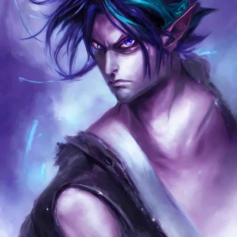 Prompt: Handsome purple and Teal skinned Tiefling, striking azure eyes, black hair, Yoshitaka Amano, digital art