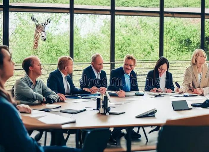 Image similar to photo of a zoo animals on a board meeting. Highly detailed 8k. Intricate. Sony a7r iv 55mm. Stock photo.