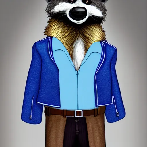 Image similar to anthropomorphic racoon, chibby, male, blue jacket