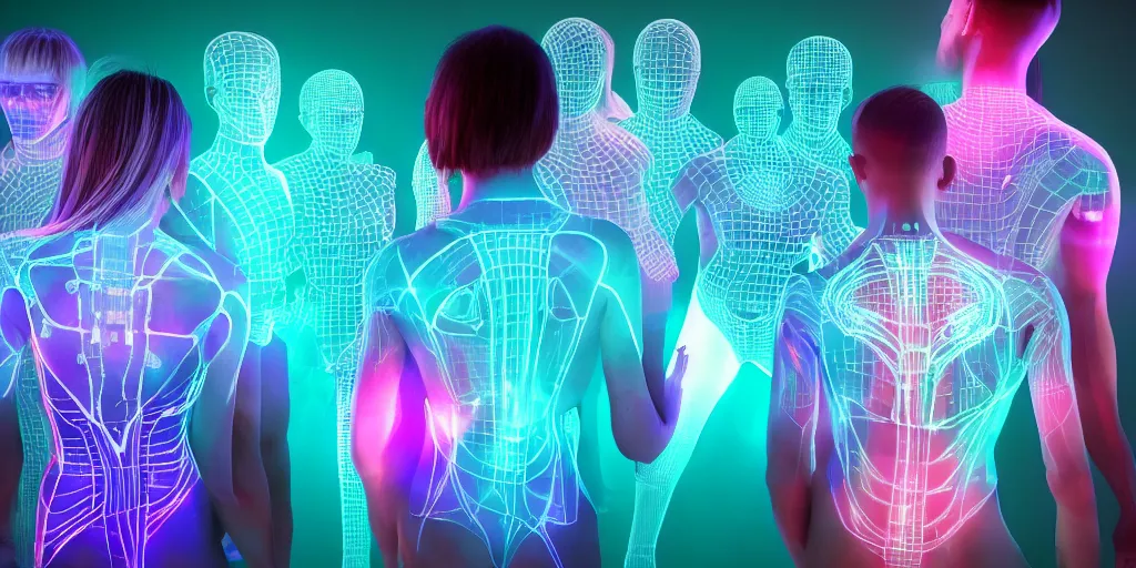 Image similar to diverse groups of humans with glowing electronic body implants projecting amazing 3D graphics, from behind, rebirth, beauty, wide angle, elaborate, wet, highly detailed, colors, beautiful lighting