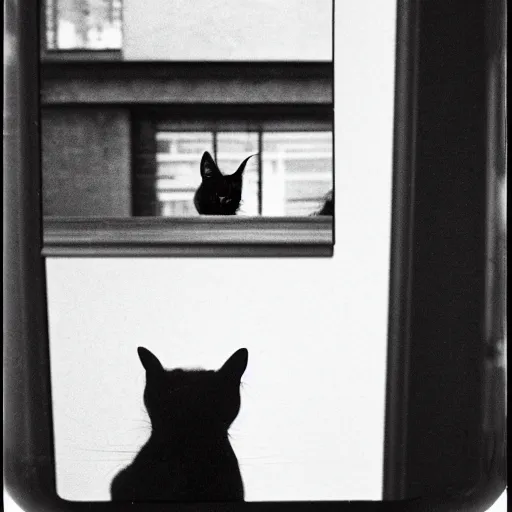Prompt: wide-shot very low-angle eyesight photo of a mirror door with a reflection of a cat at the street in New York, polaroid photo, by Andy Warhol, signed