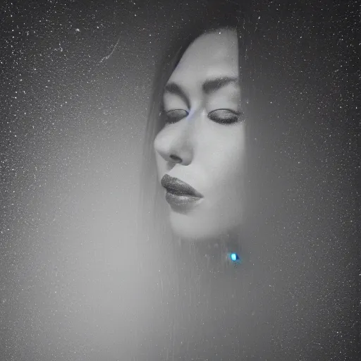 Prompt: woman double exposed with the moon. Bokeh. Light painting.
