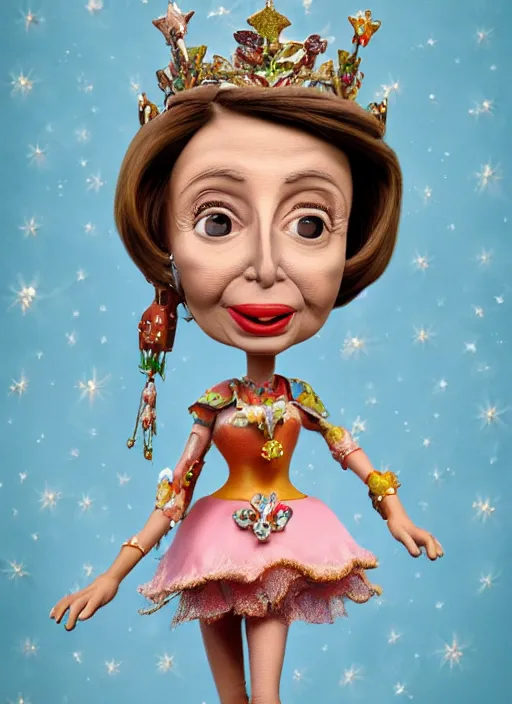Image similar to closeup face profile portrait of tin toy nancy pelosi as a fairytale princess wearing a crown eating cakes, bikini, depth of field, zeiss lens, detailed, symmetrical, centered, fashion photoshoot, by nicoletta ceccoli, mark ryden, lostfish, breathtaking, 8 k resolution, extremely detailed, beautiful, establishing shot, artistic, hyperrealistic, octane render