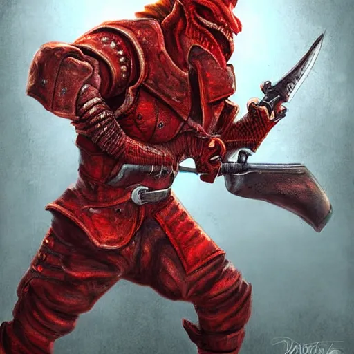 Prompt: A red dragonborn wearing a leather jacket and pointing an old pistol at the viewer. Full-body. D&D. digital art.