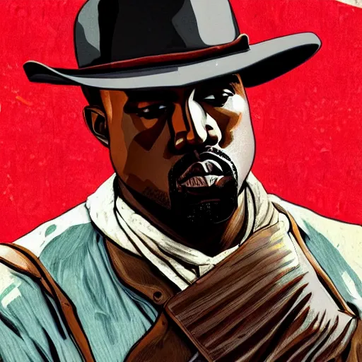 Prompt: kanye west in stephen bliss illustration red dead redemption 2 artwork of kanye west, face, in the style of red dead redemption 2 loading screen, by stephen bliss, artstation