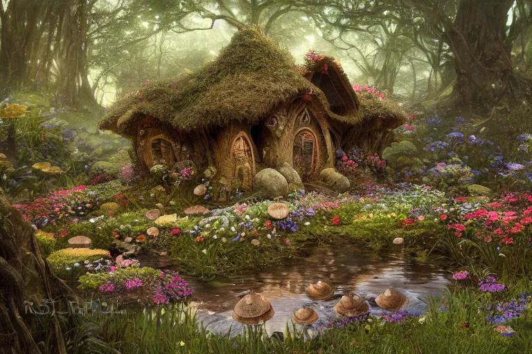 Image similar to wide angle view, a beautiful digital painting of a fairy house made of rocks and mushrooms by a stream, flowers, beautiful tranquil day, by greg rutkowski, gerald brom, marc simonetti, jean - baptiste monge, and alphonse mucha, symmetry, complementary colors, ink illustration, trending on artstation