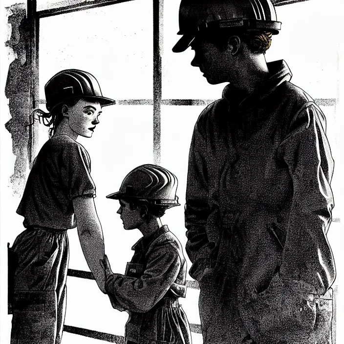 Image similar to sadie sink in dirty workmen clothes waves goodbye to workmen. background : factory, dirty, polluted. technique : black and white pencil and ink. by gabriel hardman, joe alves, chris bonura. cinematic atmosphere, detailed and intricate, perfect anatomy