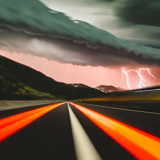 Image similar to nightmarish creatures rushing towards car, black pontiac firebird trans - am driving towards the camera, norway mountains, red glow in sky, valley, large lake, dynamic, cinematic, motionblur, volumetric lighting, wide shot, low angle, large lightning storm, thunder storm