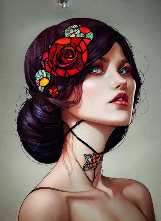 Prompt: beautiful woman wearing a dress made from stained glass in the design of a rose. oil on canvas by artgerm and greg rutkowski and ilya kuvshinov paul lerh