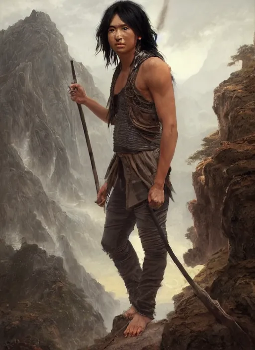 Prompt: a young asian man with tanned skin and long wavy black hair. he has an intense expression, is wearing a tattered vest and trousers and holding a spear. he is standing in a rocky chasm. fantasy portrait painting by greg rutkowski and raymond swanland