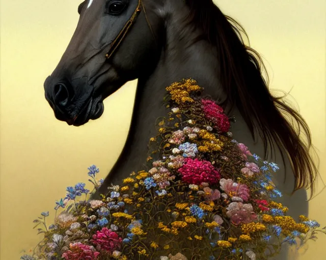 Image similar to side portrait of a horse which disintegrates into ornamental flowers and plants, uniquely beautiful animal, emotionally evoking symbolic metaphors, head in focus, heavily gothic ornamental, intricate, elegant, highly detailed photorealistic digital painting, artstation, concept art, painterly, golden ratio, sharp focus, illustration, art by greg rutkowski and alphonse mucha,